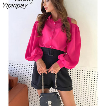 Yipinpay 2023 Spring Elegant Long Sleeve Women White Shirt Office Lady Button Up Off The Shoulder Woman Blouse Work Clothing Top